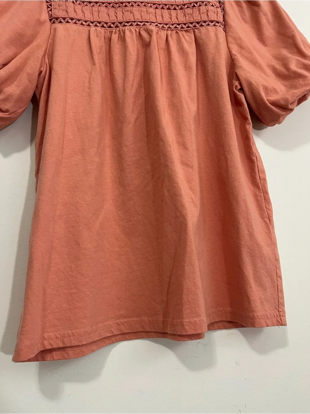 J. Crew Salmon Dusty Pink Lace Trim Blouse Top Short Puff Sleeve Size XS Office